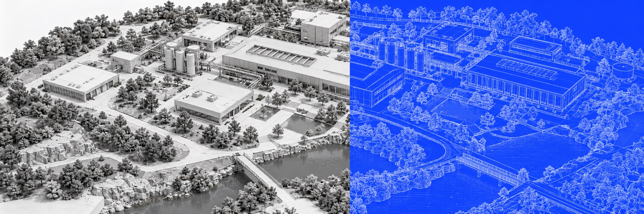 Conceptual campus transitioning from a physical architectural model into a cobalt computational drawing