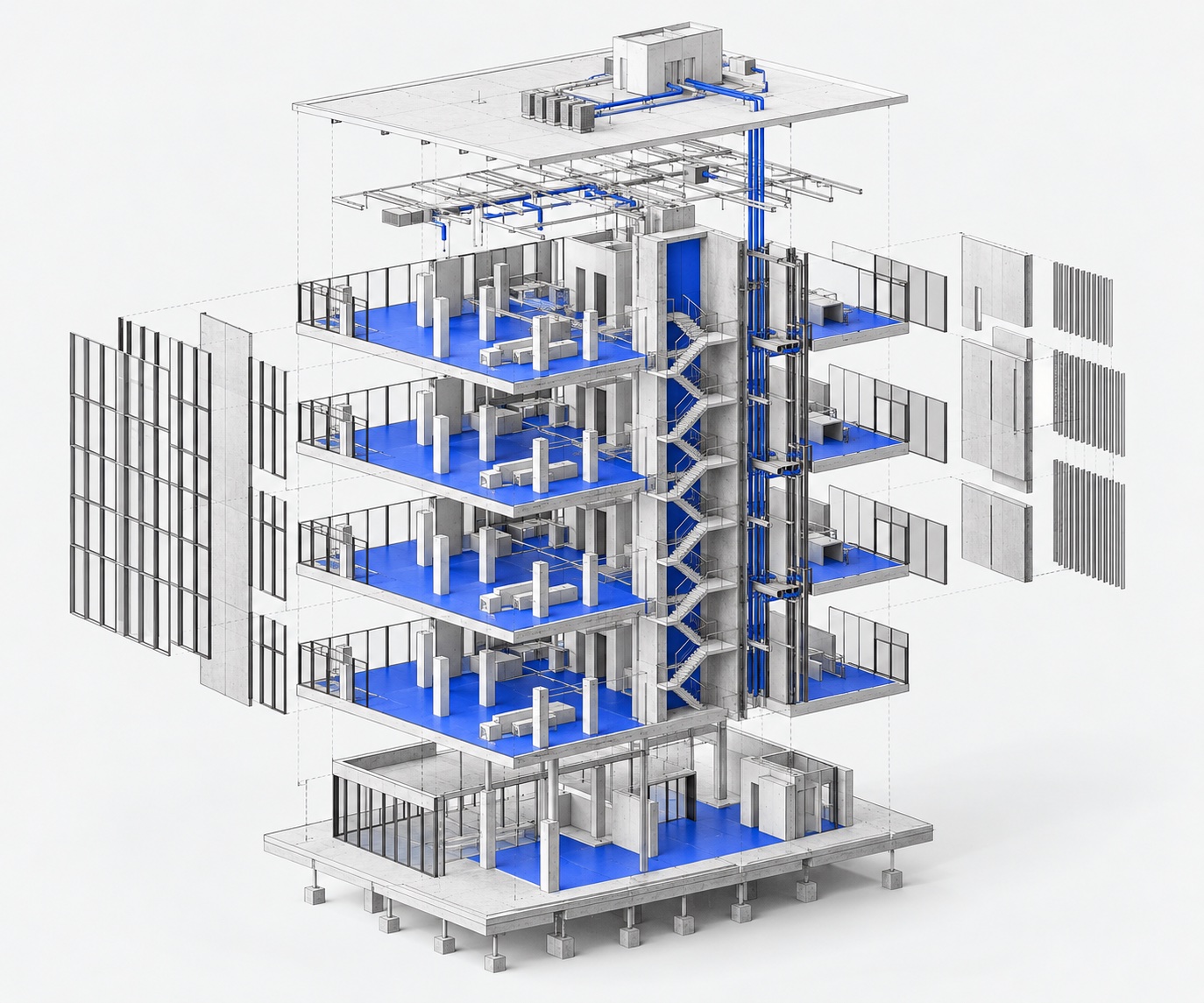 Conceptual exploded building study showing structural floors, stairs, and interconnected systems in cobalt blue